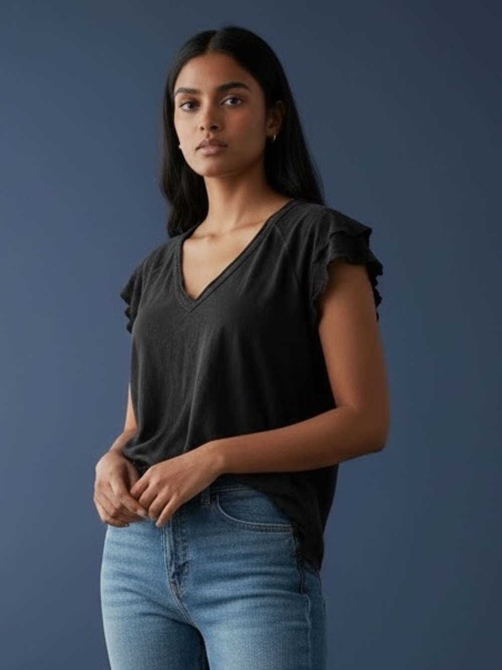 ❤️ Anthropologie x Maeve Black Deep V Neck Flutter Sleeve Tee